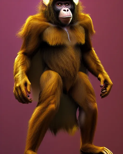 Image similar to fury art, an anthro ape monkey wearing a large cape and a fantasy armor, jungle, fiery background, 3 d, 8 k, extremely detailed, trending on furaffinity, trending on artstation, award winning, sharp focus, illustration