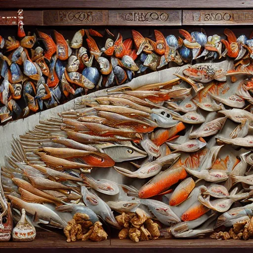 Prompt: Retablo del Mar (Altarpiece of the Sea). The most important work of Sebastian Miranda, depicts scenes of the populous fish market of Gijón, carved on a wooden board. Hyper detailed featured in artstation
