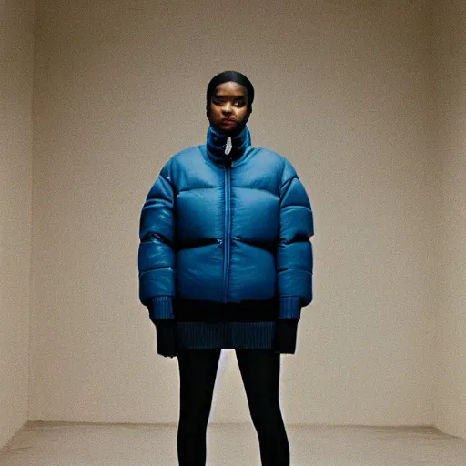 Image similar to realistic! photoshoot for a new balenciaga lookbook, color film photography, portrait of a beautiful woman wearing a puffer jacket, photo in style of tyler mitchell, 35mm