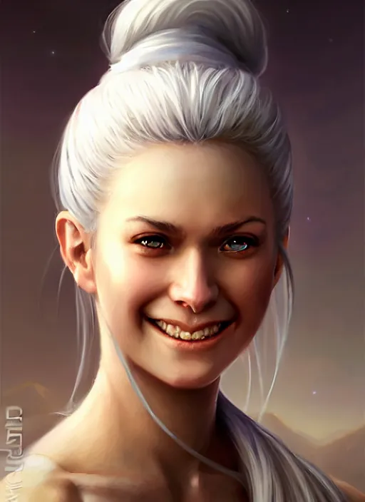 Image similar to a _ fantasy _ style _ portrait _ painting _ of white girl, dark ponytail hair, smiling, round face, rpg dnd oil _ painting _ unreal _ 5 _ daz. _ rpg _ portrait _ extremely _ detailed _ artgerm _ greg _ rutkowski _ greg