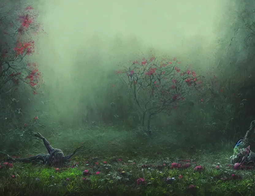 Prompt: psychological horror movie still, amorphous life form crawling in a garden in a foggy morning. oil painting, indie concept art, bloom, chiaroscuro, backlighting, intricate details, depth of field.