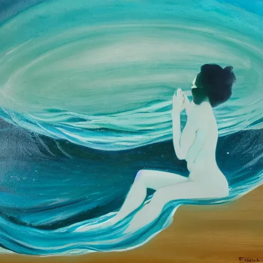 Image similar to beauty silhouette drowning in a turquoise wavy sea, feminine, healing, appeasing, waves, tsunami, she loves another one, mental health, oil painting, by francis bacon, emotional conflict, hd, 8 k, trending on artstation, paradoxal, perfect framing, neo - expressionism, expressive