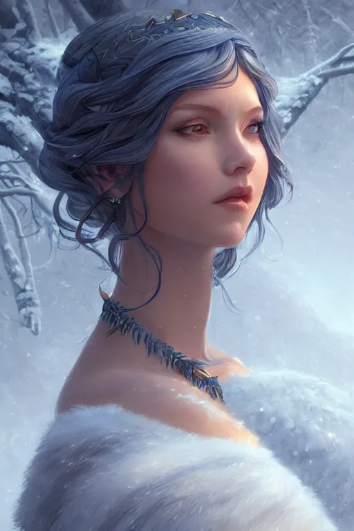 Image similar to goddess of the winter twilight, highly detailed, digital painting, artstation, concept art, smooth, sharp focus, illustration, unreal engine 5, 8 k, art by artgerm and greg rutkowski laura sava and edgar maxence