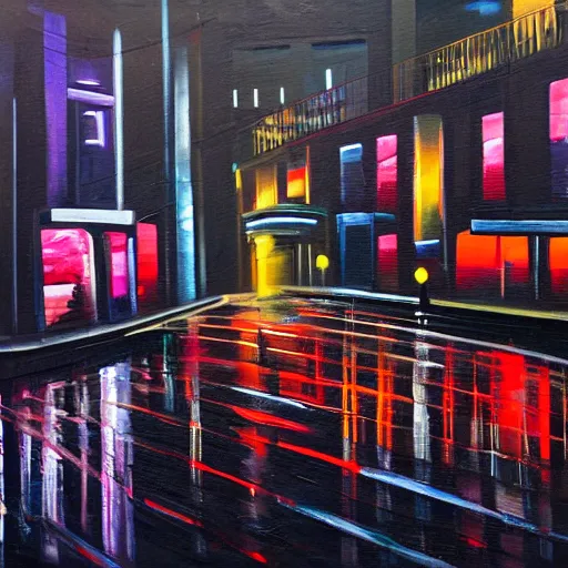 Prompt: city streetscape, dark road with cars, people at night, tall buildings with shops below at street level, neon lights above shops, headlights and stop lights illuminating surroudings, raining, very dark lighting, abstract oil painting, 1 9 8 2 aesthetic