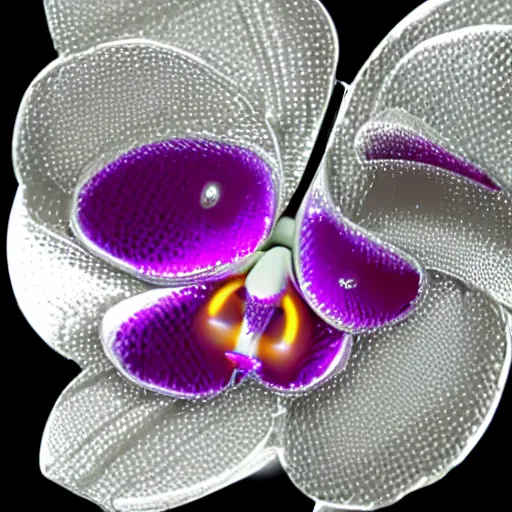 Image similar to a cybertronic, metallic, reflective orchid flower, high detail