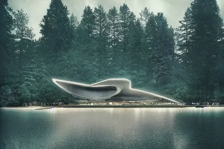 Prompt: an brutalist spaceship forming from a lake surrounded by trees, serene vast landscape, neon lights, rainy day, beautiful lighting, high depth, ultra realistic, artistic, by annie leibovitz