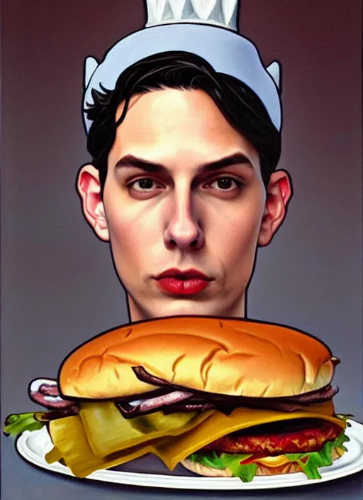 Image similar to oil painting, jughead jones wears a light grey crown, and devours a hamburger, intricate, elegant, highly detailed, lighting, painting, artstation, smooth, illustration, art by greg rutowski and alphonse mucha