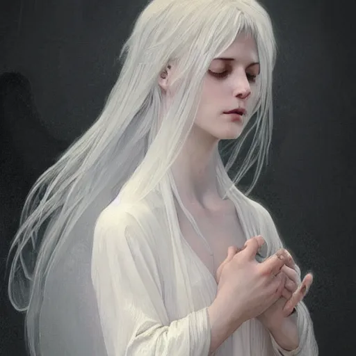 Image similar to portrait of a beautiful ethereal delicate roman catholic bishopress meditative sacral pose catholic stages of the cross, white hair, intricate, elegant, highly detailed, digital painting, artstation, concept art, smooth, sharp focus, illustration, art by krenz cushart and artem demura and alphonse mucha