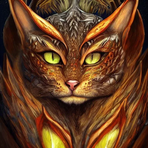 Image similar to a cat as a dragon, scare, highly detailed face, full body, fantasy art, monster art, style of masami kurumada, illustration, epic, fantasy, intricate, hyper detailed, artstation, concept art, smooth, sharp focus, ray tracing