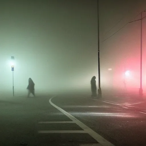 Image similar to ghost on a foggy night streer with neon streetlights like Silent Hill screenshot