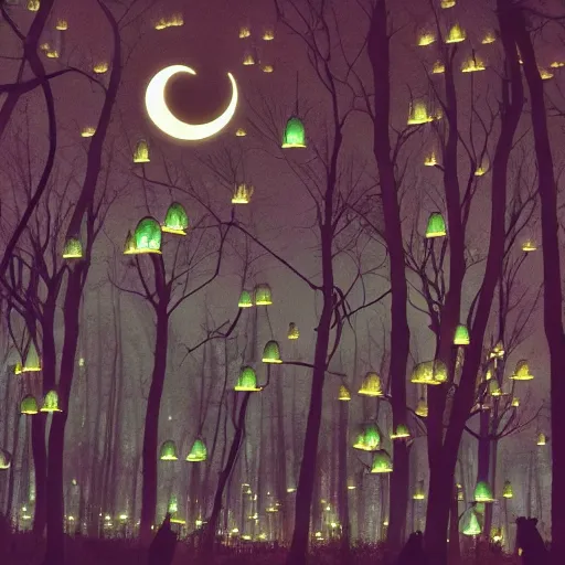 Image similar to a serene forest of faeries, dancing with magical lanterns that illuminate the scenery, beautiful double crescent moon in the night sky