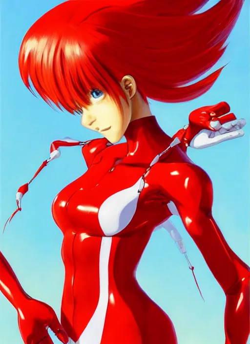 Prompt: 4 k 8 k photorealistic torso headshot portrait of elegant asuka langley in red - white tight fit contact suit reflective ; @ @ evangelion @ @ anime. by james jean, zac retz, pixiv