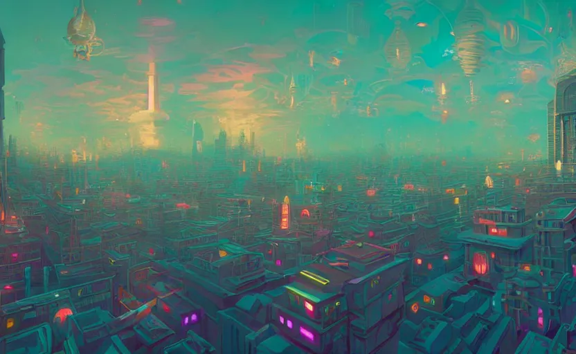 Image similar to Wide angle shot of a city with holographic fishes floating in the sky by Petros Afshar, James Gilleard, Mark Ryden, Wolfgang Lettl highly detailed, Dark cineamtic and atmospheric lighting