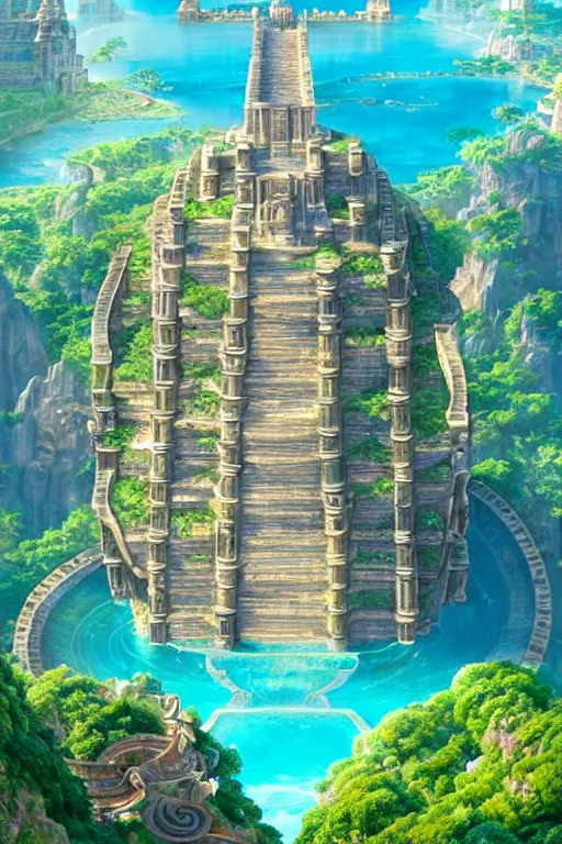 Prompt: Epic landscape of the lost city of Atlantis, impossibly massive spiralling concentric architecture, distant temples, palaces, and gardens are interspersed among immense glistening fountains, blue diffused skies, Zoomed out vast vista, HD, Pixar movie quality. Trending on DeviantArt, highly detailed, 2d game poster by Jesper Ejsing, by RHADS, Makoto Shinkaih and Lois van baarle, ilya kuvshinov, rossdraws, cinematic , hyper-realistic, depth of field, coherent, high definition, 8k resolution octane renderer,