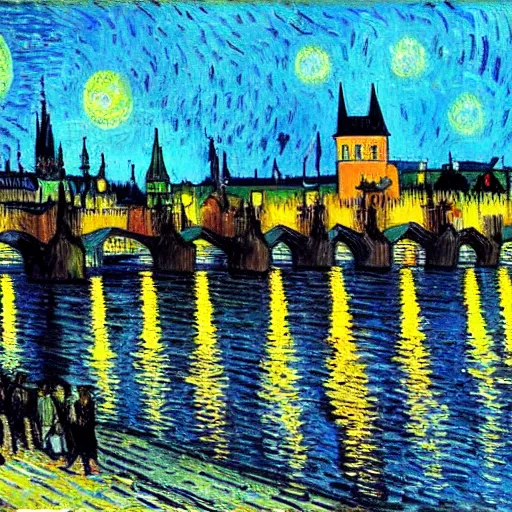 Image similar to the charles bridge painting by Van Gogh, detailed painting, night vibe