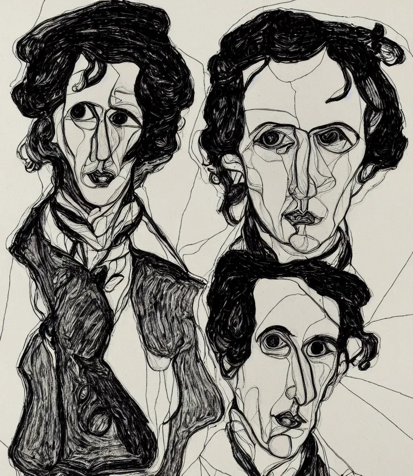 Prompt: elegant line art portrait of frederic chopin. inspired by egon schiele. contour lines, musicality, twirls and curves, strong personality