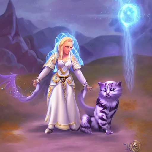 Prompt: jaina proudmoore pets a white kitty, world of warcraft, digital art, cute, happy, detailed