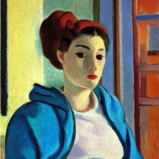 Prompt: early morning. a young woman wearing a cozy hoodie, with double buns hairstyle is texting on her smartphone. sunlight is entering through the window and beautifully lighting the face. depth of field, backlit, closeup, oil on canvas, art by henri matisse 1 9 4 4, in the style of dance by henri marisse, 1 9 1 0, smooth, fauvism, 2 k