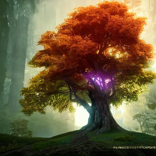 Image similar to The tree of the knowledge of good and evil, photorealistic, fantasy, unreal engine, colorful, cinematic