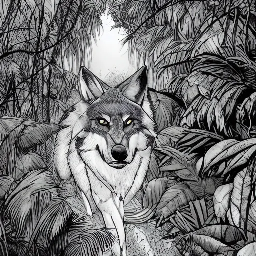 Prompt: A colored illustration of a wolf is lurking behind the bushes in the jungle, by kim jung gi, digital art, trending on artstation, 4K UHD, illustrated anime