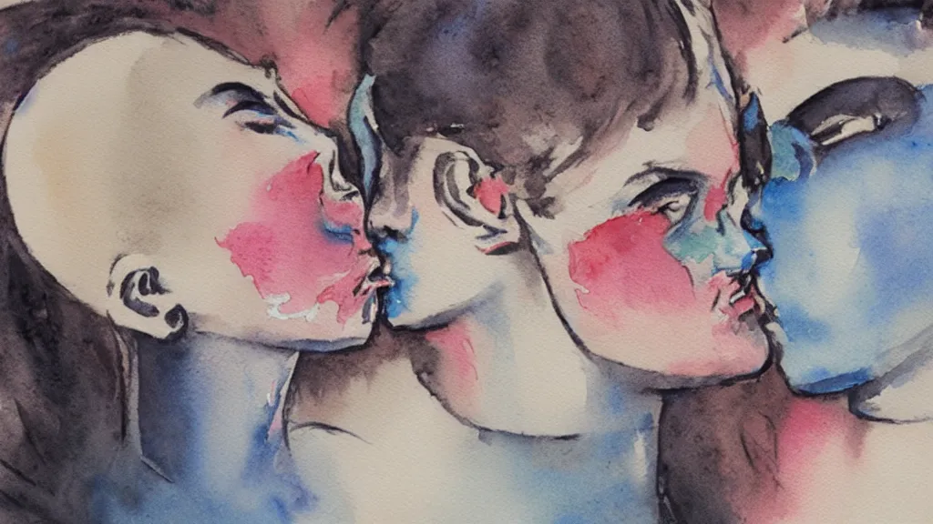 Prompt: watercolor of two cyborgs kissing