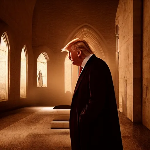 Prompt: donald trump as an ancient priest inside a mysterious ancient church, volumetric lighting, cinematic, portrait, headshot