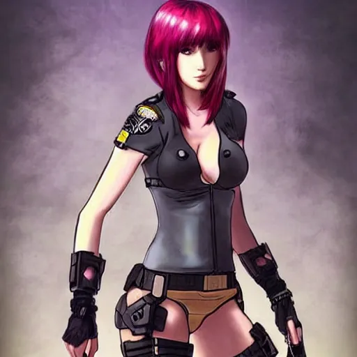 Image similar to concept art illustration of a beautiful young japanese christina hendricks natalie portman as lara croft motoko kusanagi anime protagonist, wearing tokyo harajuku street fashion combat warrior fantasy bikini, intricate, elegant, gorgeous, stunning, alluring, art by kim hyng tae, style of blade and soul, and masamune shirow