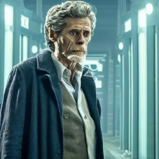 Image similar to willem dafoe as a rough dirty old man with a scruffy beard in a dark blue trenchcoat as the new doctor who, cinematic, volumetric lighting, f 8 aperture, cinematic eastman 5 3 8 4 film, photorealistic