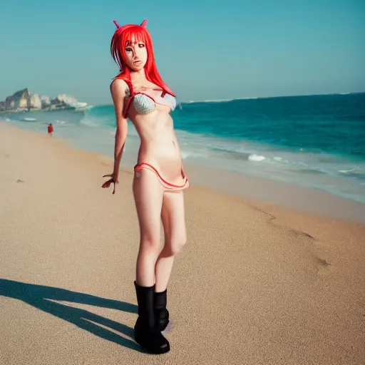 Prompt: photograph of a cute girl cosplaying as Nami from One Piece standing on a beach, cosplay, photo by Mert and Marcus