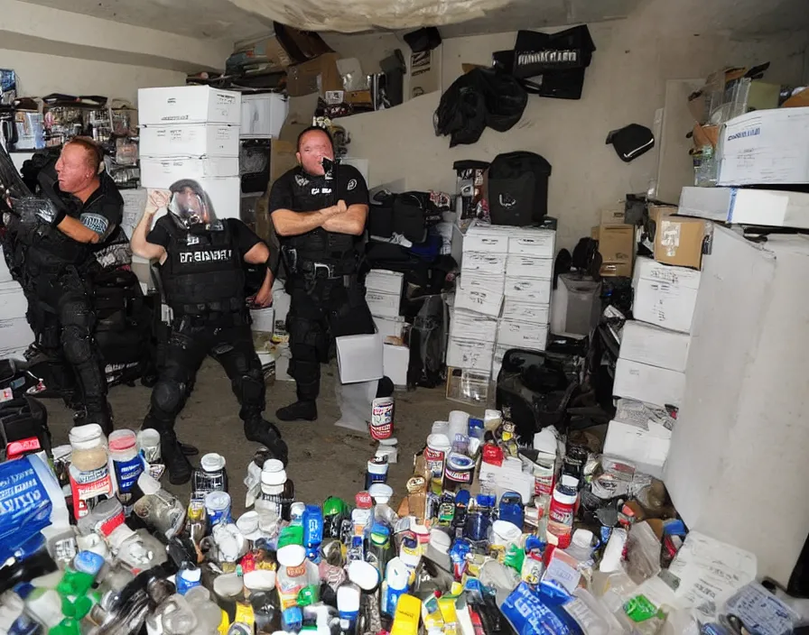 Image similar to Alex Jones in his garage office, surrounded by boxes of herbal supplements and trash, a group of SWAT police kicking in the door, tear gas and smoke, detailed photograph high quality