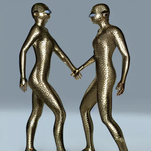 Image similar to smooth metallic cyborgs touching each other, photorealism