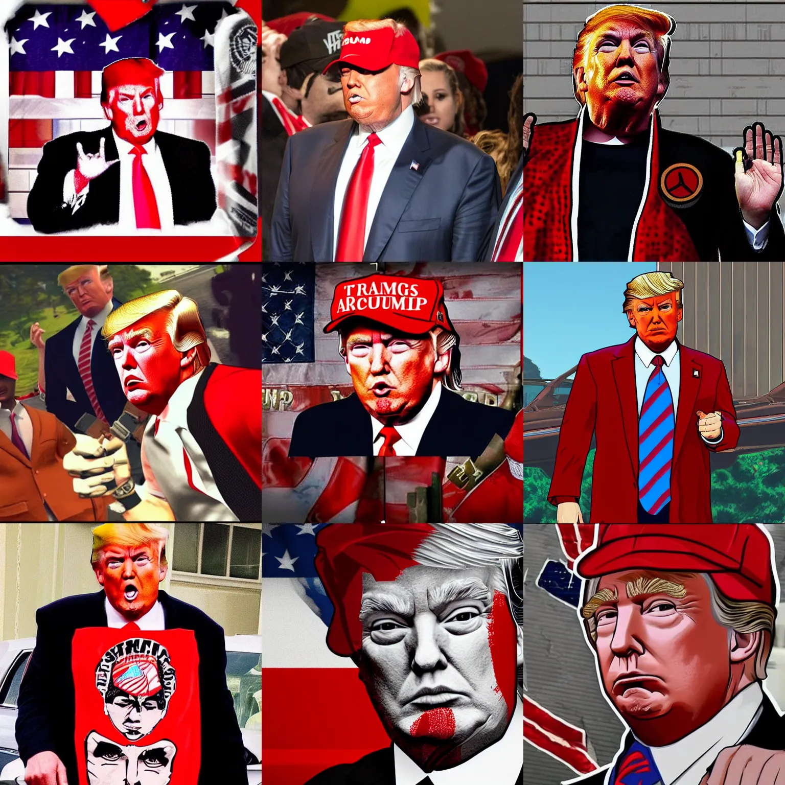 Prompt: donald trump with a red bandana. dressed as a gang member. gta loading screen.