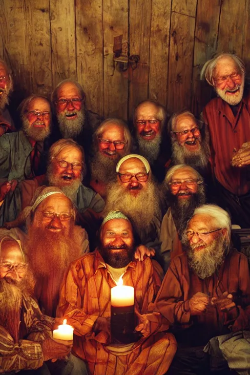 Image similar to a widescreen colorchrome photo of a cabinet full with old laughing happy old men with long hair, long beards, candle light, by steve mccurry