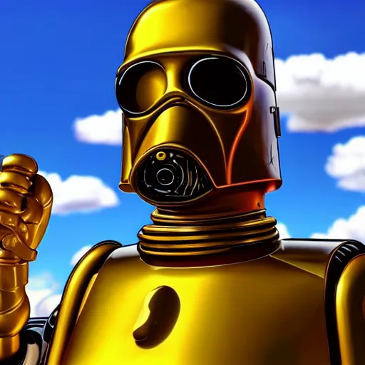 Prompt: wide angle Homer Simpson as C3PO, background blue sky puffy clouds cinematic 4k