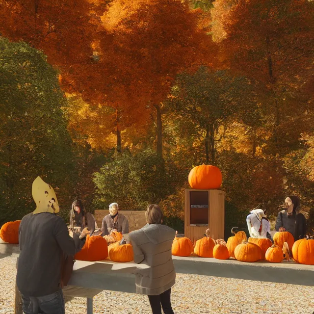 Image similar to pumpkin headed people ordering coffee at a coffee stand, maple trees with fall foliage, on a mountain, volumetric, realistic, cinematic lighting, ray tracing, unreal engine 5, octane render, hyper realistic, photo, 8 k