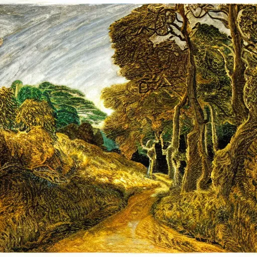 Prompt: a country path in the style of Samuel Palmer