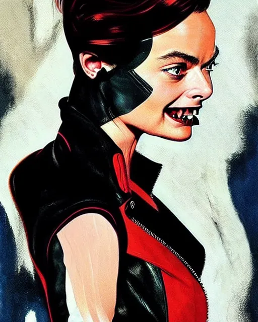 Prompt: Rafael Albuquerque art, Norman Rockwell art, pretty Margot Robbie as a vampire sharp teeth evil smile with 5 long sharp fingers, symmetrical face symmetrical eyes, leather jacket, jeans