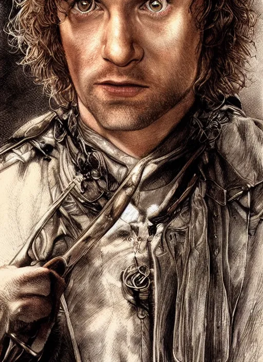 Image similar to portrait of pippin from lord of the rings, beautiful, very detailed, hyperrealistic, medium shot, very detailed painting by Glenn Fabry, by Joao Ruas