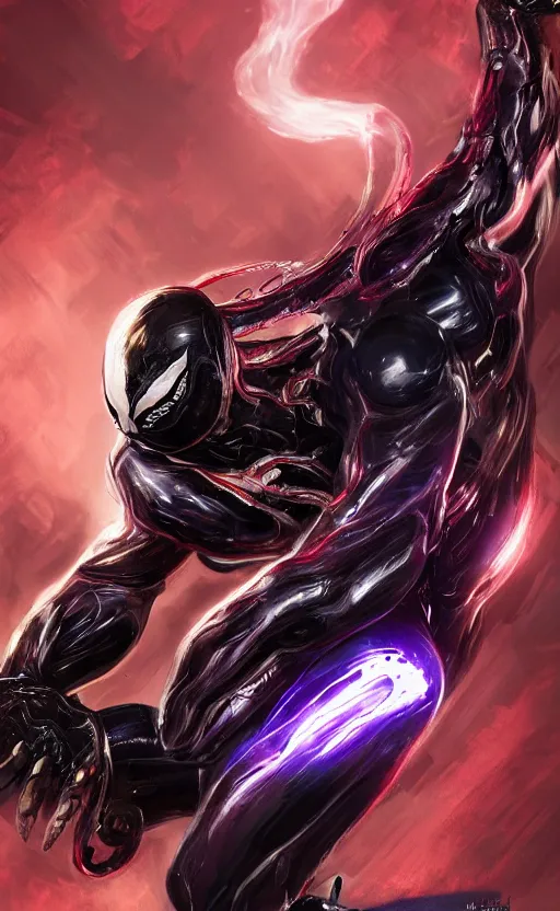 Image similar to venom in a venom inspired ironman suit, purple, black and red, dynamic lighting, photorealistic fantasy concept art, trending on art station, stunning visuals, terrifying, creative, cinematic