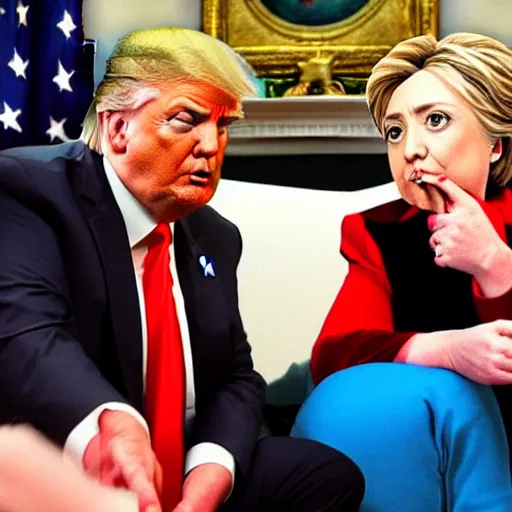 Prompt: donald trump smokes a fat doobie with hillary clinton on a torn up old couch