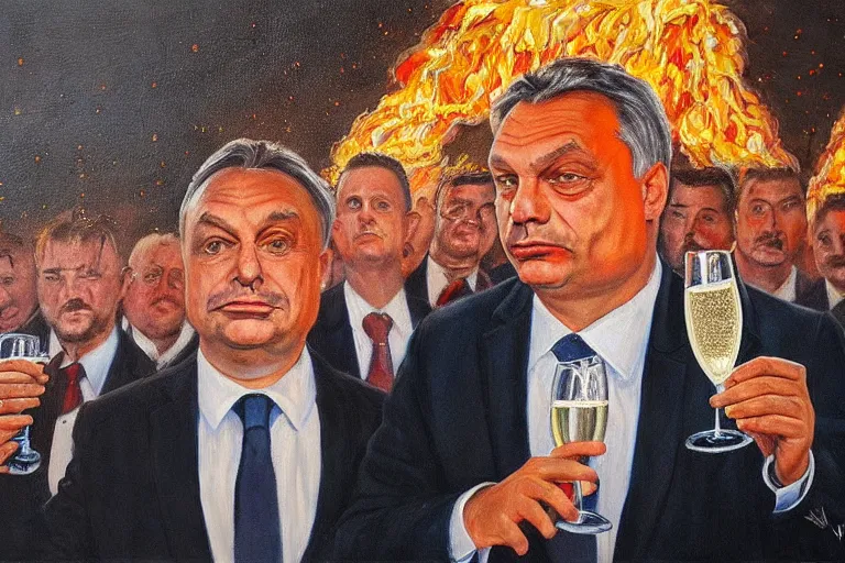 Image similar to viktor orban drinking champagne and cheering in front a burning city, highly detailed eyes, oil on canvas