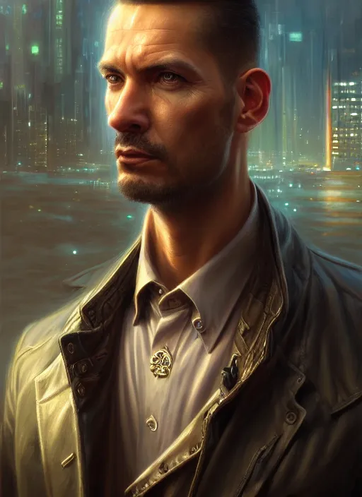 Prompt: closeup portrait shot of a male private detective in a scenic cyberpunk environment, intricate, elegant, highly detailed, centered, digital painting, artstation, concept art, smooth, sharp focus, illustration, artgerm, tomasz alen kopera, peter mohrbacher, donato giancola, joseph christian leyendecker, wlop, boris vallejo