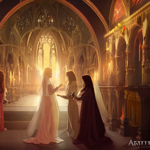 Image similar to an beautiful and detailed matte painting of a lesbian wedding between evil pyromancer and a vampire red mage, unholy union, white church background, god rays, sharp focus, highly detailed, cinematic lighting, studio quality, colorful, smooth render, vector illustration, award winning, by artgerm, greg rutkowski, alphonse mucha