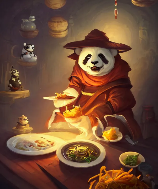 Image similar to a portrait an anthropomorphic panda mage eating chinese food, wearing mage robes, restaurant in background, cute and adorable, dnd character art portrait, well rendered matte fantasy painting, deviantart artstation, by jason felix by steve argyle by tyler jacobson by peter mohrbacher, cinematic lighting