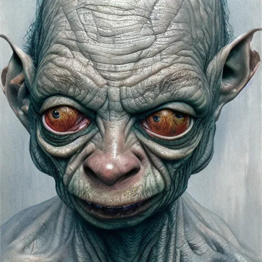 Image similar to gollum smeagol grotesque, ultra detailed, ultra realistic, by beksinski, alejandro jodorowsky, giger, greg rutkowski, carne griffith trending on artstation, deviantart, photorealism