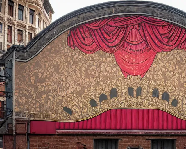 Prompt: photo of an outdoor mural of an opera house from the early 1 9 0 0 s in the style of art nouveau, red curtains, art nouveau design elements, art nouveau ornament, opera house architectural elements, painted on a brick wall, outdoor mural, mucha