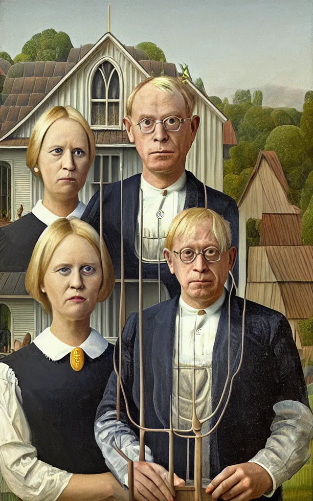 Prompt: boris johnson and liz truss standing together painting in the style of american gothic frant wood, hyper real ,