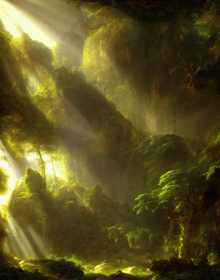Image similar to an ancient temple lost in a gigantic forest by thomas cole, painting, cinematography, epic lighting, volumetric, fog, god rays