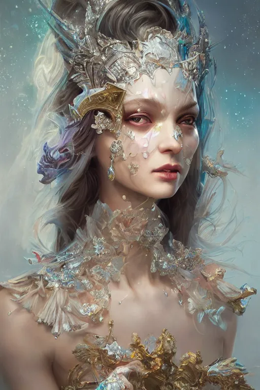 Prompt: beautiful princess with face covered with diamonds wearing frost velvet, diamonds, angel, fantasy, dramatic lighting, highly detailed, digital painting, magic the gathering, hyper detailed, 3 d render, hyper realistic detailed portrait, peter mohrbacher, wlop, ruan jia