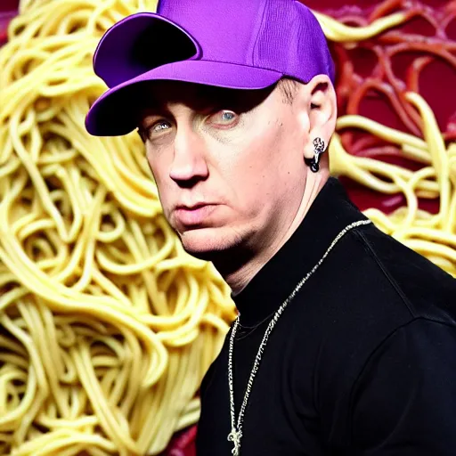 Image similar to eminem wearing a hat made of spaghetti and a purple dress